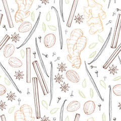 Fototapeta na wymiar Spices for dessert, and baking. Vector seamless pattern. Hand drawn sketch illustration