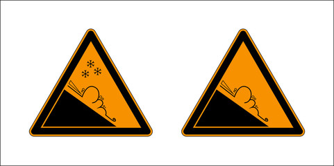 Winter snow covered mountains and warning set sign of avalanche danger isolated on a white background. Danger sign avalanches of ice and snow at highway or road. Vector illustration.