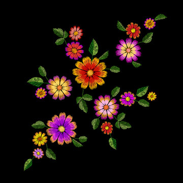 Bright flower embroidery colorful patch. Fashion decoration stitched texture template. Ethnic traditional daisy field plant leaves textile print design vector illustration