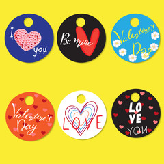 Set of round stickers for holiday Valentine's day hand lettering vector illustration