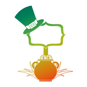 cauldron coins green hat and sing board vector illustration degraded color design