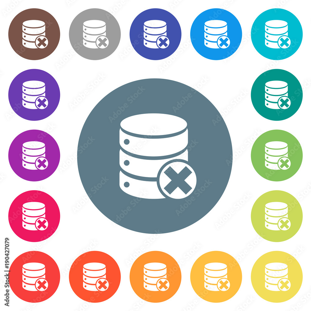 Poster database cancel flat white icons on round color backgrounds