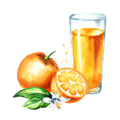 Glass of orange juice. Watercolor hand drawn illustration, isolated on white background