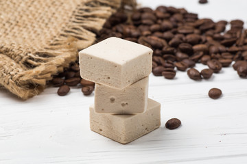marshmallow, coffee grains and sackcloth