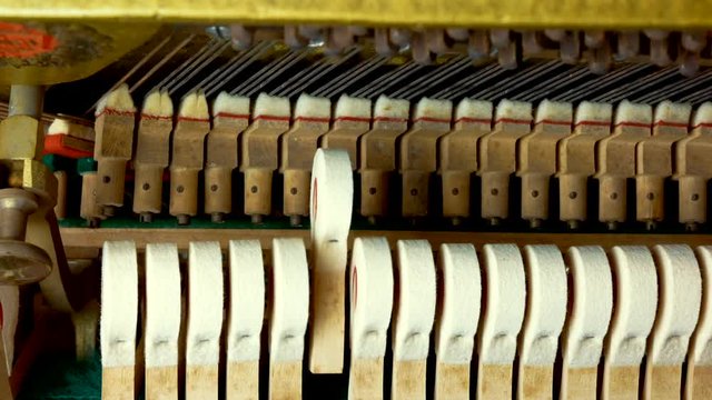 Piano hammers hitting strings, close up inside a piano from a high angle, no people