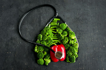 Diagnosis of heart condition. The broccoli, asparagus, pepper repeat the shape of the human heart...