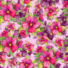 Seamless floral pattern made of red and purple malva flowers on pink background. Watercolor painting. Hand drawn and painted illustration.