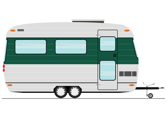 Cartoon caravan. Retro style twin axle camper trailer. Towed trailer without car. Flat vector.