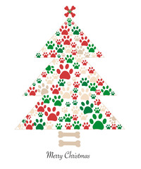 Christmas tree made of bone and paw prints. New year greeting card background