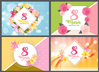 Poster International Happy Women s Day 8 March Floral Greeting card COllection Set Vector Illustration