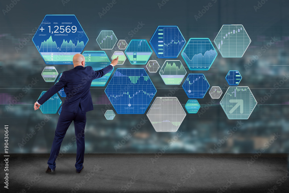 Poster stock exchange trading data information displayed on a futuristic interface