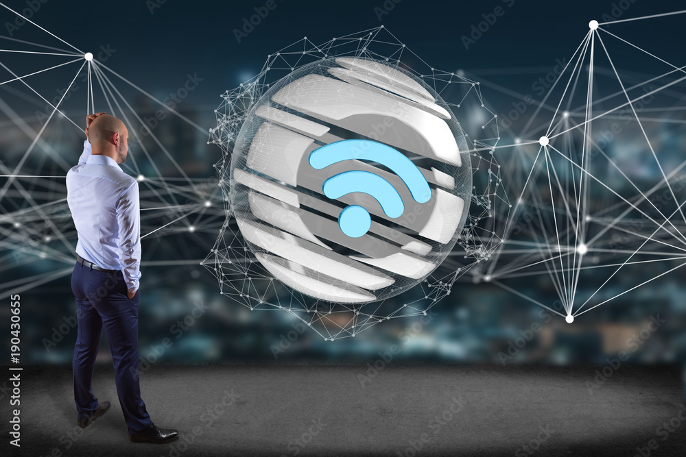 Poster businessman in front of a wall with wifi symbol displayed in a sliced sphere - 3d rendering