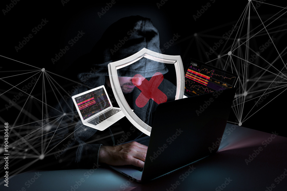 Aufkleber hacker man in the dark using computer to hack data and information system