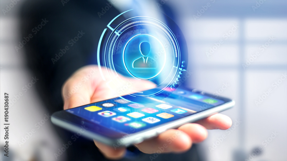 Poster businessman using a smartphone with a shinny technologic network contact button - 3d render