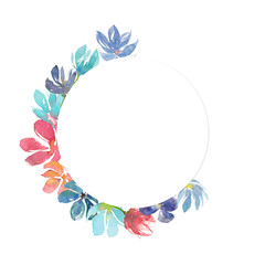Fototapeta na wymiar Watercolor hand drawn illustration of round space for text and flower wreath background isolated on white