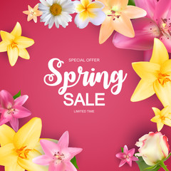 Spring Sale Cute Background with Colorful Flower Elements. Vector Illustration