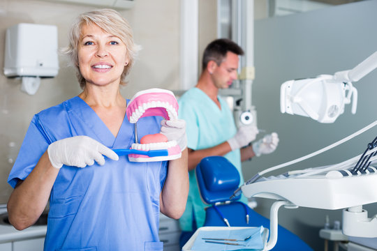 Smiling female stomatologist demonstrating tooth brushing on jaw model