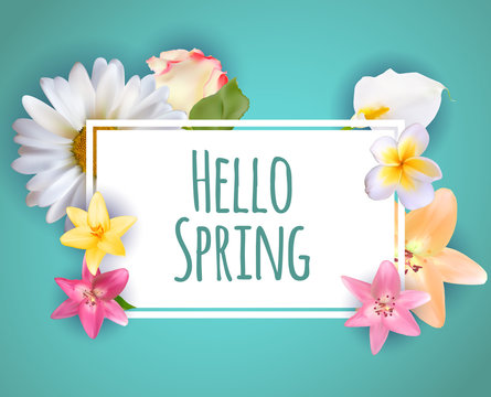 Hello Spring Banner Greetings Design  Background with Colorful Flower Elements. Vector illustration