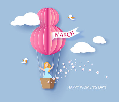 Card for 8 March womens day. Woman in basket of hot air balloon. Abstract background with text and flowers .Vector illustration. Paper cut and craft style.
