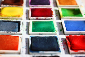 Close up of an artists watercolour paint palette