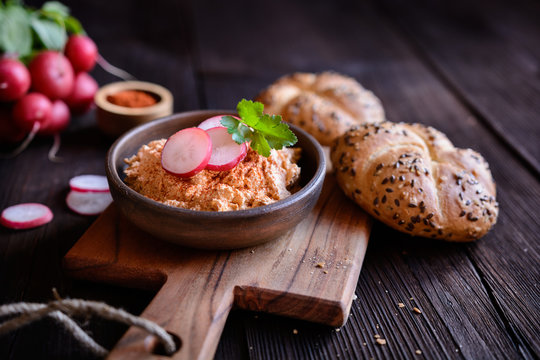 Obatzda - Traditional Bavarian Spread Made Of Cheese, Butter, Onion, Paprika Powder And Beer