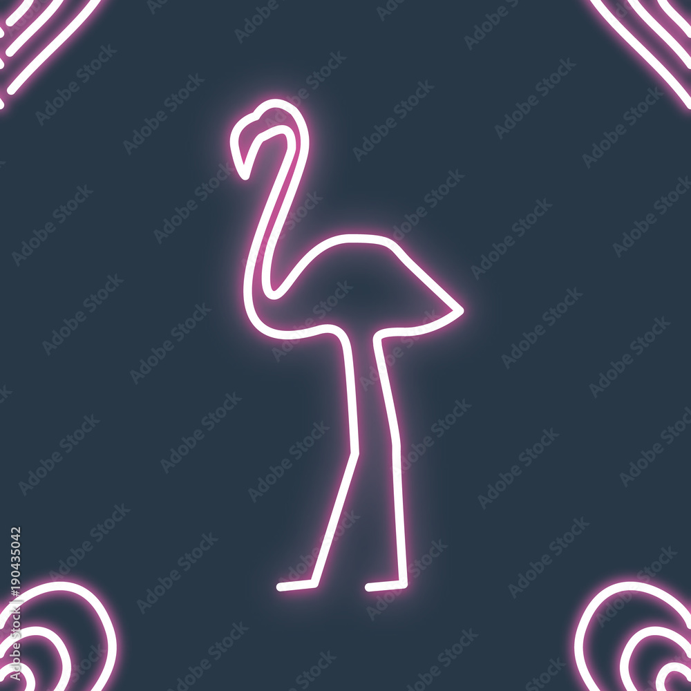 Poster flamingo and heart neon effect shapes seamless pattern.