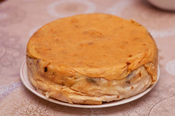 Shah Pilaf with fire on a table in restaurant . Shah pilaf. Khan pilaf in a pita. Pilaff . Pilau ....