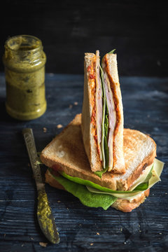 Sliced toast sandwich with ham served,selective focus