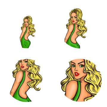 Vector pop art avatar of pin up fashion girl in green dress for networking, internet, chat, blog, web. Great icon for invitation to parties, clubs or advertising discounts and sales