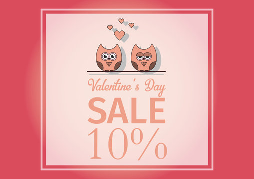love Invitation card Valentine's day , paper cut mini heart, cut owls, loving owls, glare.Frame Sale day. Vector illustration.