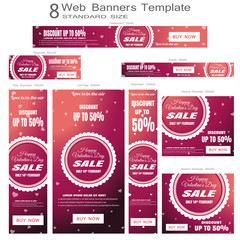 Gradient pink web banners of Valentine's Day Sale vector set of standard size on the gray background.
