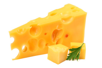 piece of cheese with parsley isolated on white background