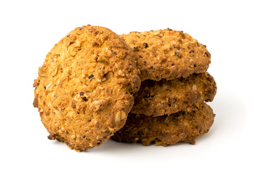 Oatmeal cookies with cereals on a white.