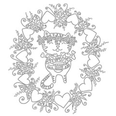 Naklejka premium Cute coloring book with a cat and flowers for children and adult