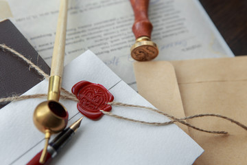 Notary's public pen and stamp on testament and last will. Notary public tools