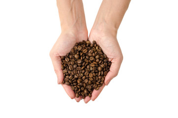 adult woman hand holding coffee beans, isolated on white