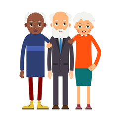 Group older people. Three aged people black and white. Elderly men and women stand together and hug each other. Illustration in flat style. Isolated