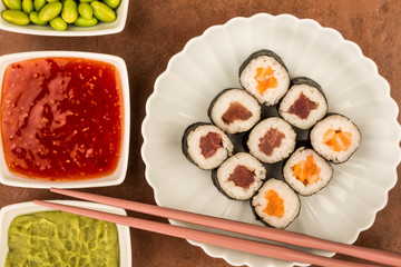 Japanese Style Maki Salmon and Tuna Sushi Rolls