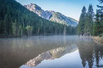 Small transparent pond with reflections and fog on a summer morning, Cortina d'Ampezzo, Dolomites, Italy