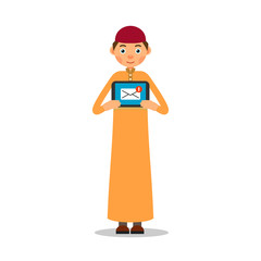 Muslim with tablet. Young muslim guy stands and holds a tablet in his hands, on which an e-mail is displayed. Illustration in flat style. Isolated. White background