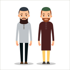 Muslim man or Arab man. Cartoon character stand in the traditional clothing. Isolated characters of representatives of Islam on a white background in a flat style
