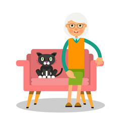 On the sofa sit elderly woman and cat. Portrait of elderly with animal. Lonely pensioner at home on vacation with a pet. Illustration in flat style. Isolated