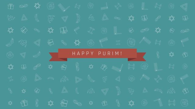 Purim holiday flat design animation background with traditional outline icon symbols and english text