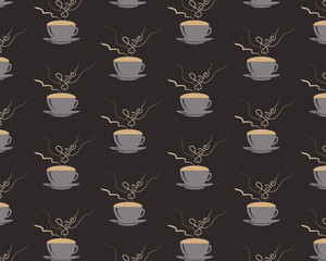 Seamless pattern with coffee cup with steming word love on brown background. Coffee mug and steam. EPS 10 Vector illustration