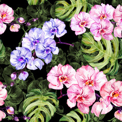 Panele Szklane  Niebieskie i różowe kwiaty orchidei i liście monstera na czarnym tle. Kwiatowy wzór. Malarstwo akwarelowe. Ręcznie rysowane ilustracja.