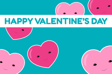 Happy Valentine's Day banner. Vector illustration of six cute smiling cartoon heart characters on a turquoise background. Horizontal format.