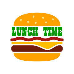 Icono plano LUNCH TIME en hamburguesa color en fondo blanco