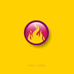 Yellow fire icon. Fire in a round glossy button.