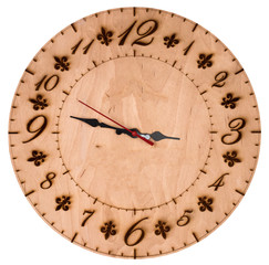 Wooden wall clock isolated on white background