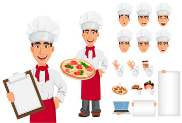 Young professional chef in uniform and cook hat, set